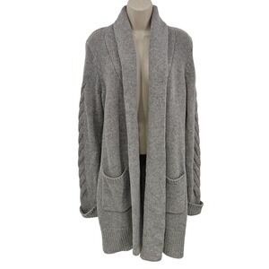 Tahari Cardigan‎ Sweater Women M Gray Lambswool Blend Cable Knit Open Front Cozy